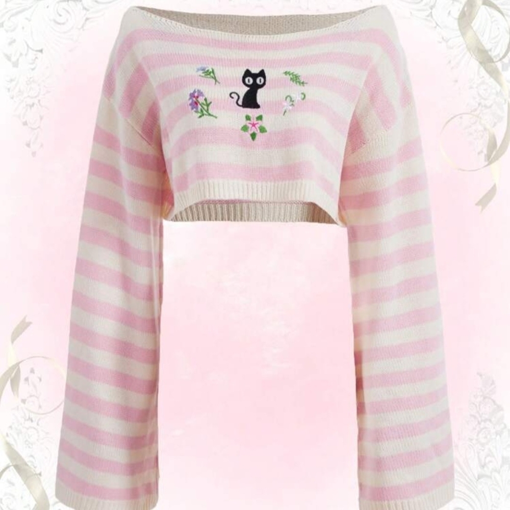 pink and white floral cropped cat sweater